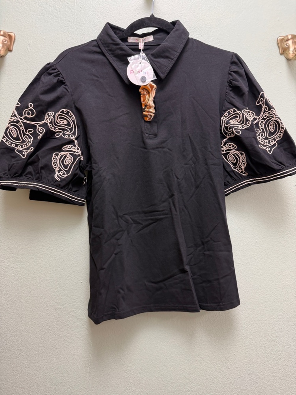 Pastels Black Polo with Embroidered Puff Sleeves